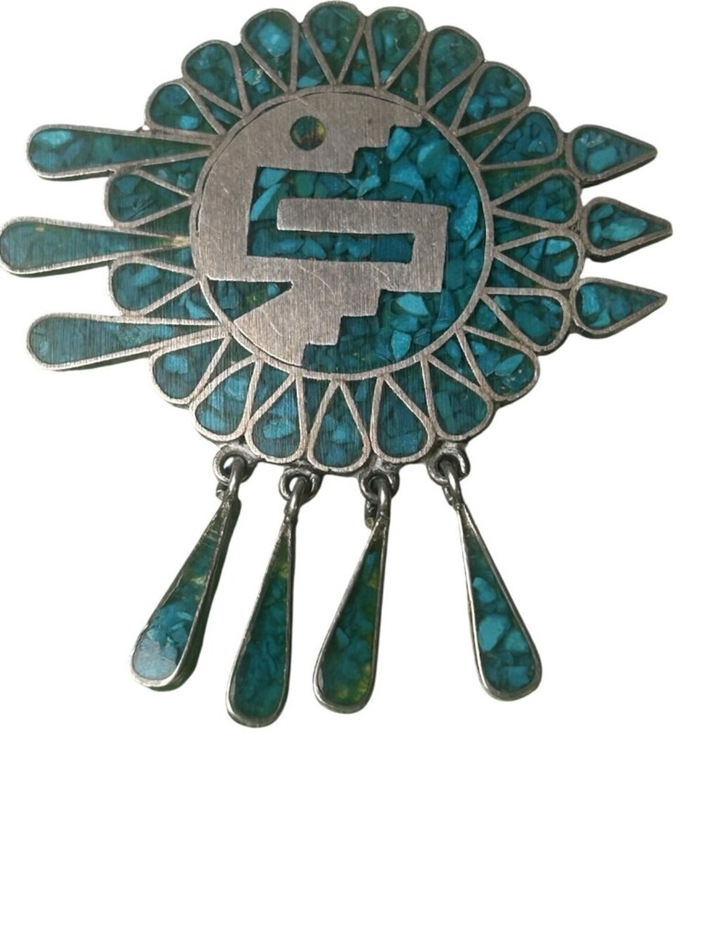 VTG TURQUOISE INLAY HECHO EN 925 ACE MEXICO STERLING SILVER BROOCH PENDANT - Picture 4 of 8